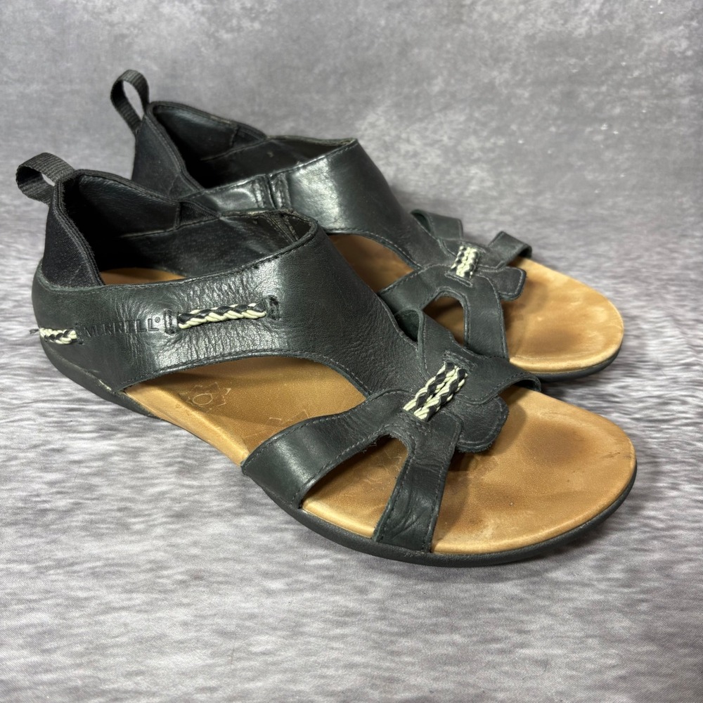 Merrell Flaxen Black Leather Sandals Women's Size 8 Pull On Slingback Comfort
